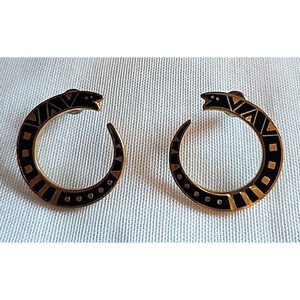 VTG pierced 1993 Laurel Burch Black & gold cloisonne Serpent hoop stud earrings